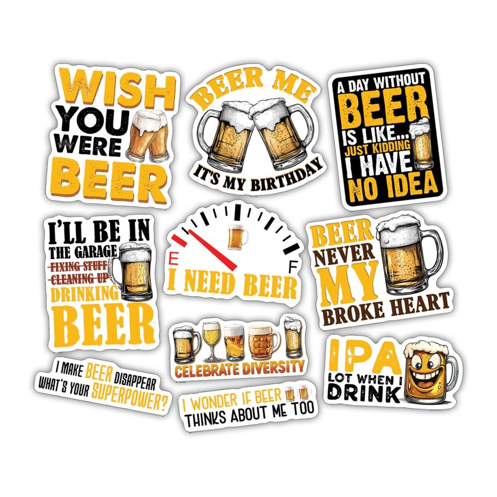 10pcs Beer Lover Sticker Sheet, Funny and Cute Vinyl Decals for Bartenders, and Beer Enthusiasts, Waterproof, UV-Resistant, for Laptop, Water Bottle, Journal, Cooler, Fridge, Phone Case