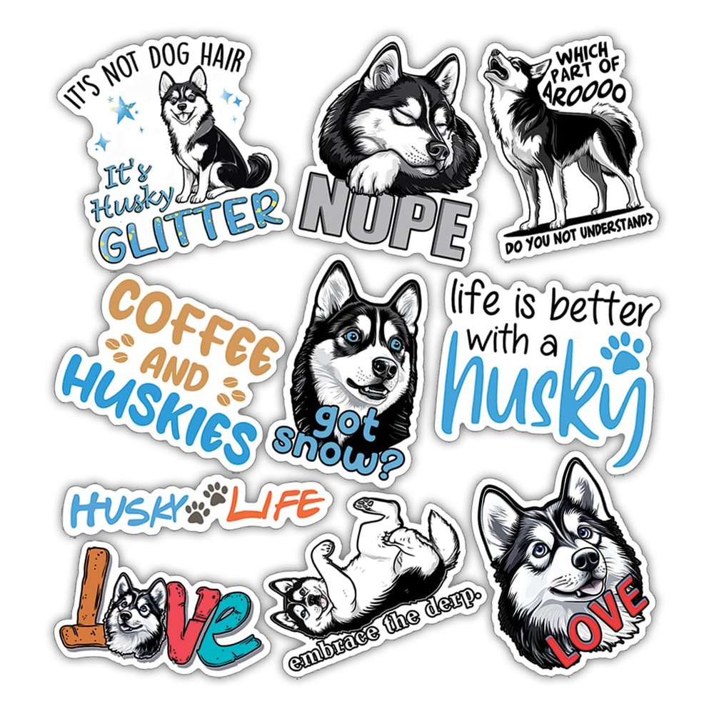 10pcs Husky Sticker Sheet, Cute and Funny Dog Vinyl Decals for Husky Owners, Dog Lovers, Pet Lover, Waterproof, UV-Resistant, for Laptop, Water Bottle, Journal, Notebook, Phone Case, Scrapbook, Crate
