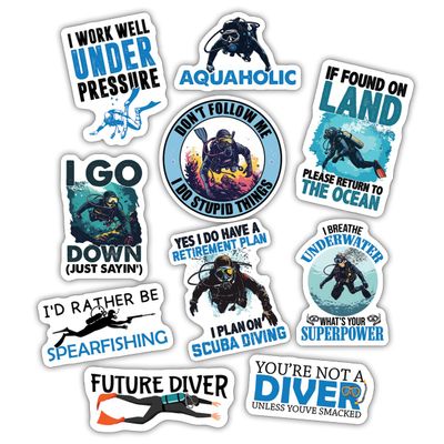 10pcs Scuba Diving Sticker Sheet, Aquatic and Adventurous Vinyl Decals for Divers, Instructors, and Ocean Explorers, Waterproof, UV-Resistant, for Laptop, Water Bottle, Journal, Notebook, Dive Gear
