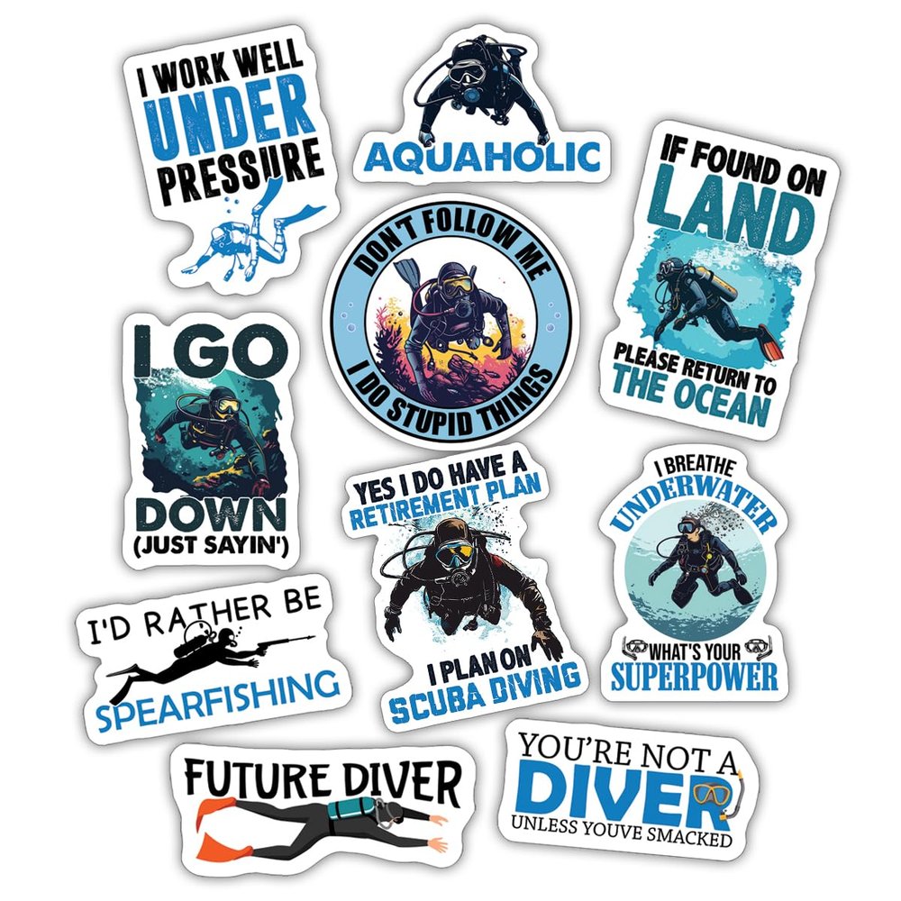 10pcs Scuba Diving Sticker Sheet, Aquatic and Adventurous Vinyl Decals for Divers, Instructors, and Ocean Explorers, Waterproof, UV-Resistant, for Laptop, Water Bottle, Journal, Notebook, Dive Gear