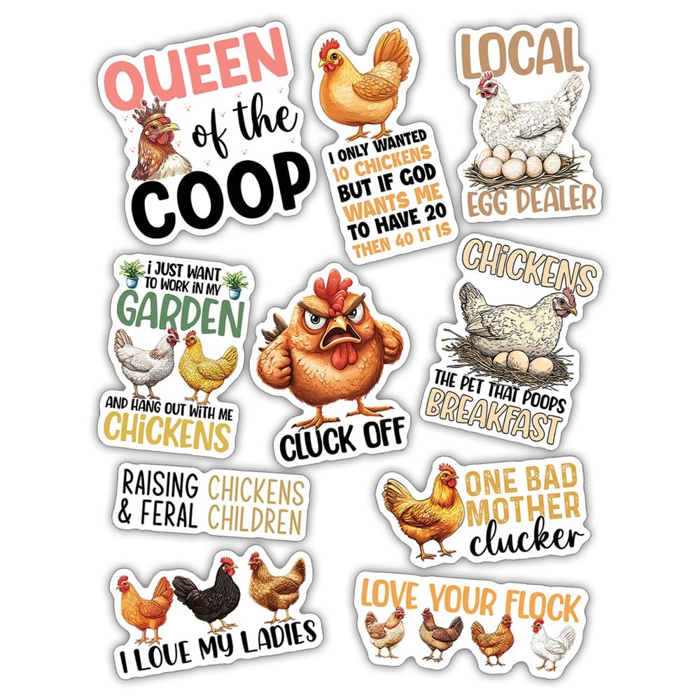 10pcs Chicken Lover Sticker Sheet, Funny Vinyl Decals for Backyard Chicken Owners, Farmers, Animal Lovers, Waterproof, UV-Resistant, for Laptop, Water Bottle, Journal, Notebook, Phone Case, Scrapbook