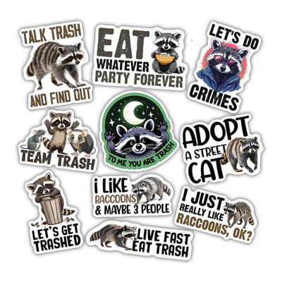 10pcs Raccoon Sticker Sheet, Funny Trash Panda Vinyl Decals for Wildlife Fans, Animal Lovers, Forest Critters, Waterproof, UV-Resistant, for Laptop, Water Bottle, Notebook, Scrapbook, Phone Case