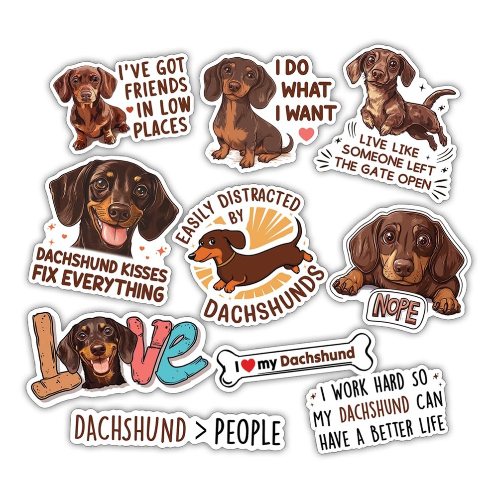 10pcs Chocolate Dachshund Sticker Sheet, Cute Vinyl Decals for Wiener Dog Lovers, Pet Owners, Animal Lover, Waterproof, UV-Resistant, for Laptop, Water Bottle, Journal, Notebook, Phone Case