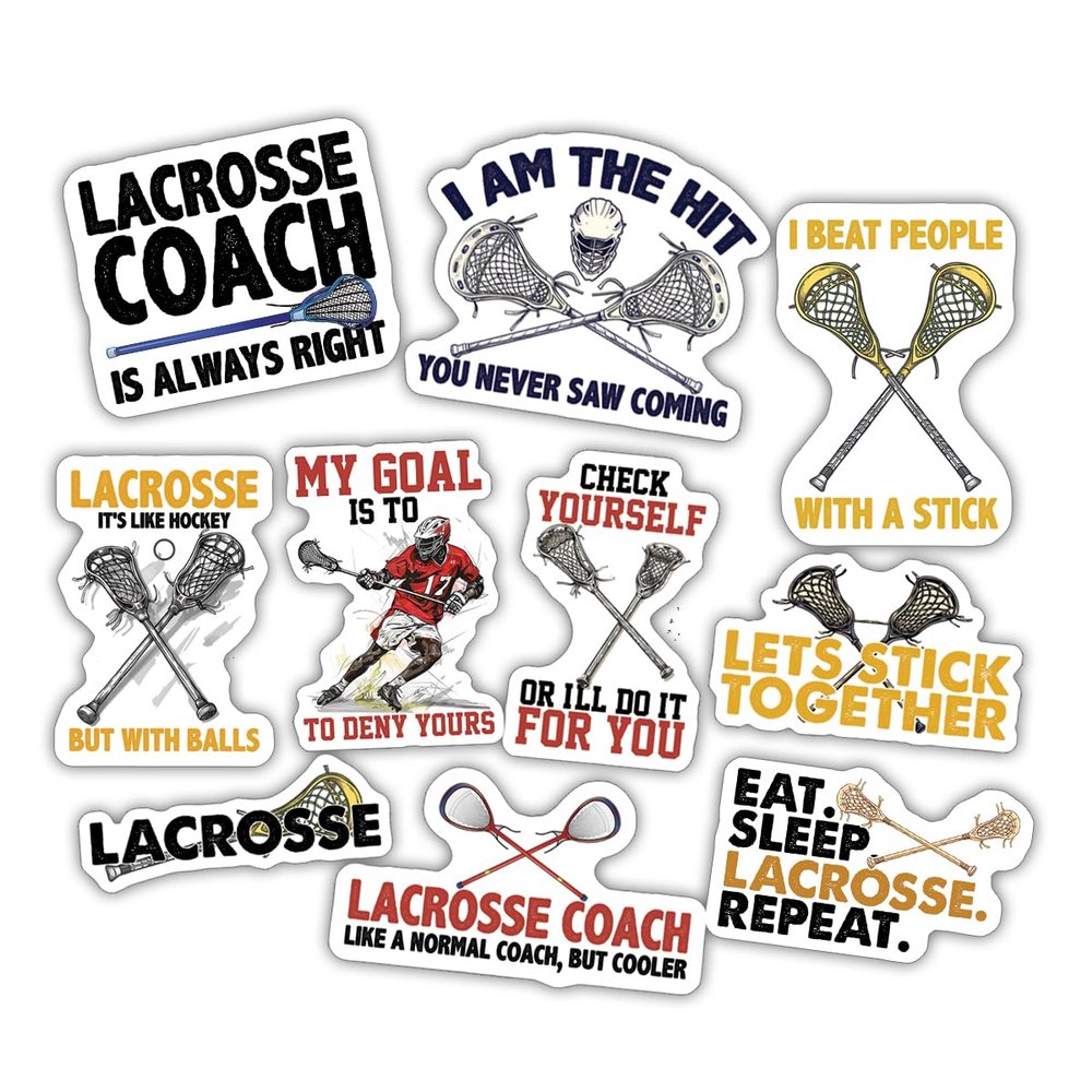 10pcs Lacrosse Sticker Sheet, Cute and Competitive Vinyl Decals for Players, Coaches, and Lacrosse Fans, Waterproof, UV-Resistant, for Laptop, Water Bottle, Journal, Notebook, Phone Case