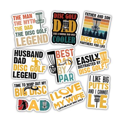 10pcs Disc Golf Dad Sticker Sheet, Funny Vinyl Decals for Frisbee Dads, Players, Waterproof, UV-Resistant, for Laptop, Water Bottle, Journal, Notebook, Scrapbook, Cooler, Phone Case