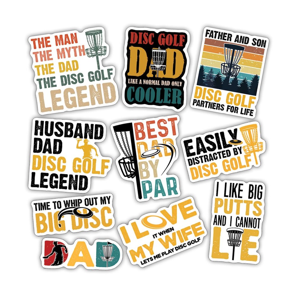 10pcs Disc Golf Dad Sticker Sheet, Funny Vinyl Decals for Frisbee Dads, Players, Waterproof, UV-Resistant, for Laptop, Water Bottle, Journal, Notebook, Scrapbook, Cooler, Phone Case