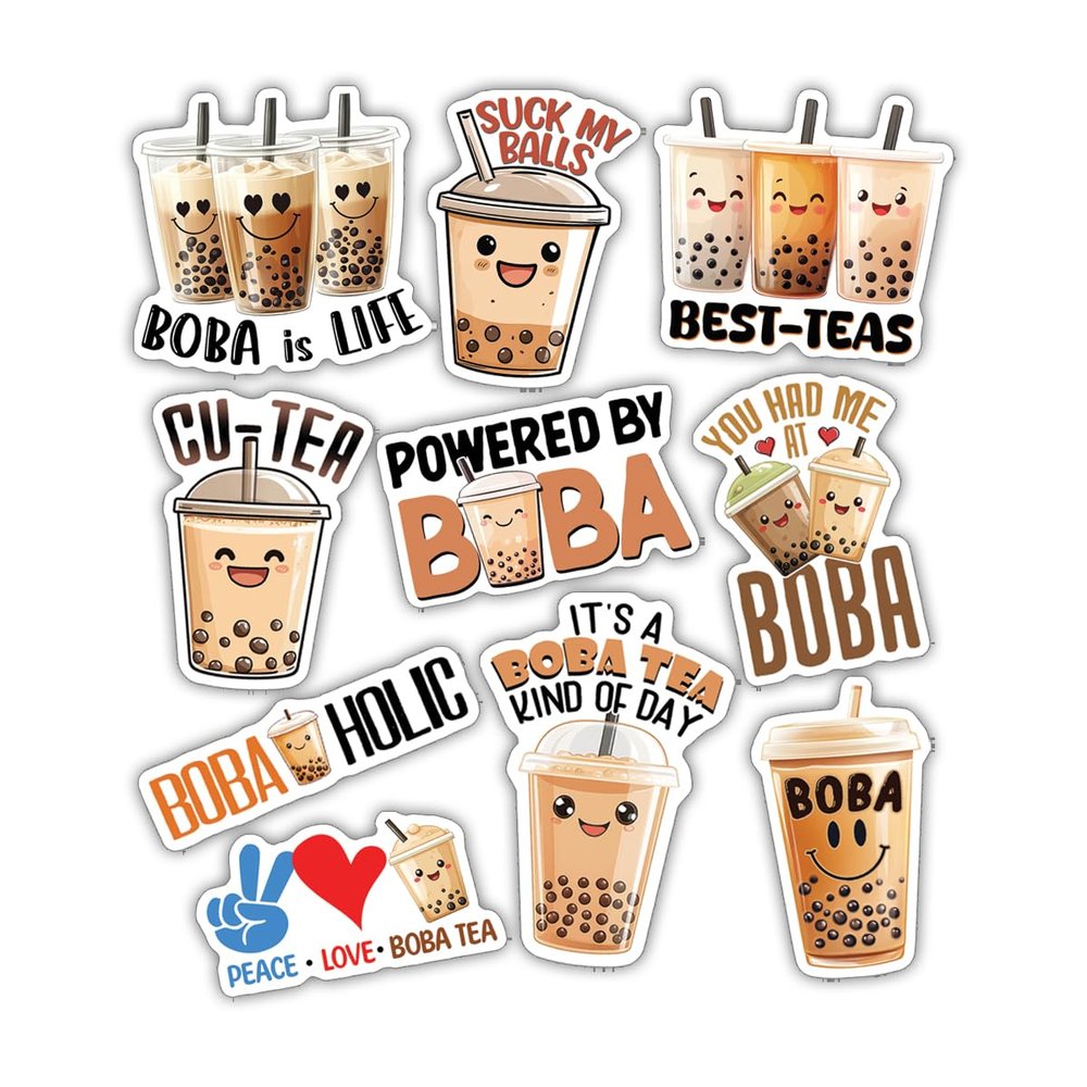 10pcs Bubble Tea Sticker Sheet, Cute and Funny Vinyl Decals for Boba Lovers, Tea Drinkers, Kawaii Fans, Waterproof, UV-Resistant, for Laptop, Water Bottle, Journal, Notebook, Tumbler, Phone Case