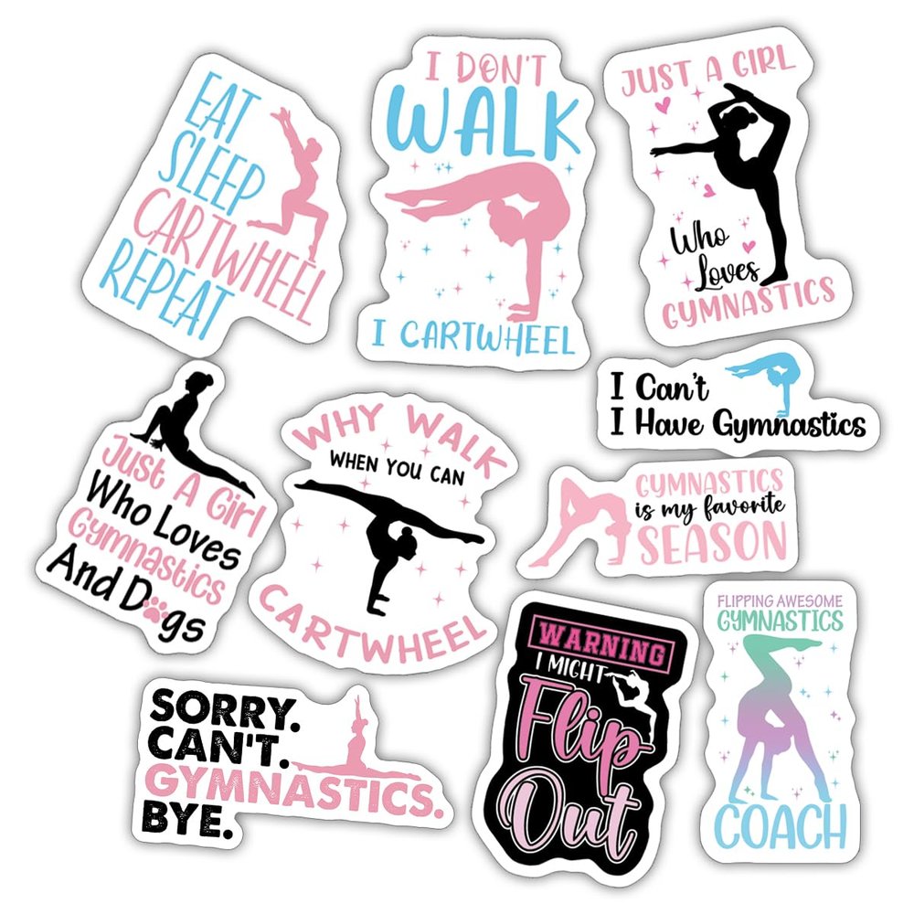 10pcs Cartwheel Gymnastics Sticker Sheet, Funny Energetic Vinyl Decals for Young Gymnasts, Coaches, and Cheer Teams, Waterproof, UV-Resistant, for Laptop, Water Bottle, Journal, Notebook, Phone Case