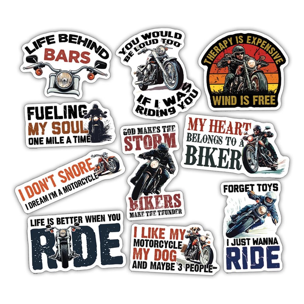 10pcs Biker Sticker Sheet, Funny Vinyl Decals for Motorcycle Riders, and Road Lover, Waterproof, UV-Resistant, for Laptop, Helmet, Water Bottle, Notebook, Tool Box, Phone Case