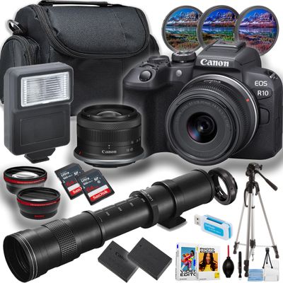 Canon EOS R10 Mirrorless Camera with 18-45mm and 420-800mm Lens + 2X Sandisk Ultra Memory Card + Tripod + More (21pc Bundle) (Renewed)