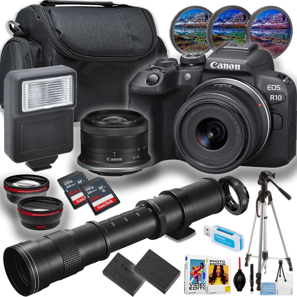 Canon EOS R10 Mirrorless Camera with 18-45mm and 420-800mm Lens + 2X Sandisk Ultra Memory Card + Tripod + More (21pc Bundle) (Renewed)