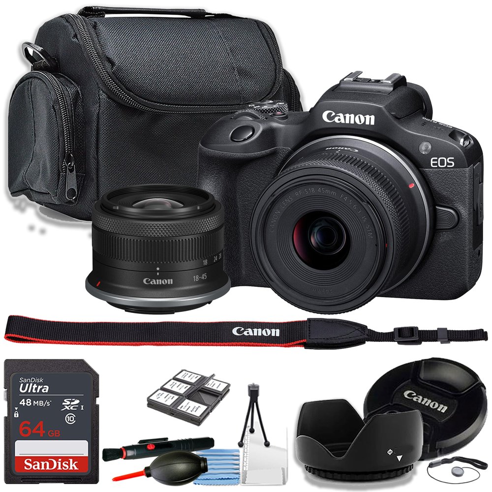 Canon EOS R100 Mirrorless Camera with 18-45mm Lens + 64GB Sandisk Ultra Memory Card + More (11pc Bundle) (Renewed)