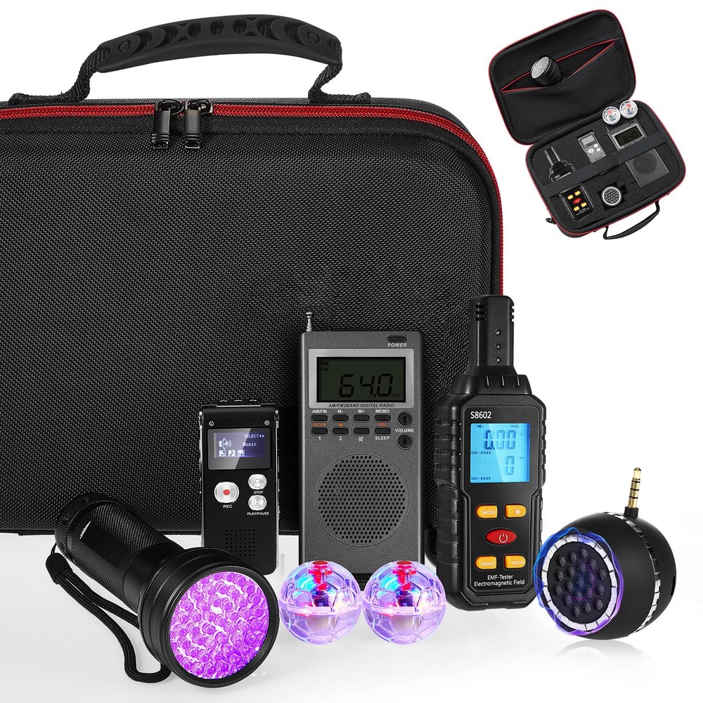 Dunzy 8 Pcs Ghost Hunting Equipment Kit, Include 1 Emf Meter 1 EVP Voice Recorders 1 Spirit Ghost Hunting Research Case 1 Flashlight 1 Speaker 2 Motion Light up Cat Balls 1 Radio(Emf Meter 5, Radio 2)