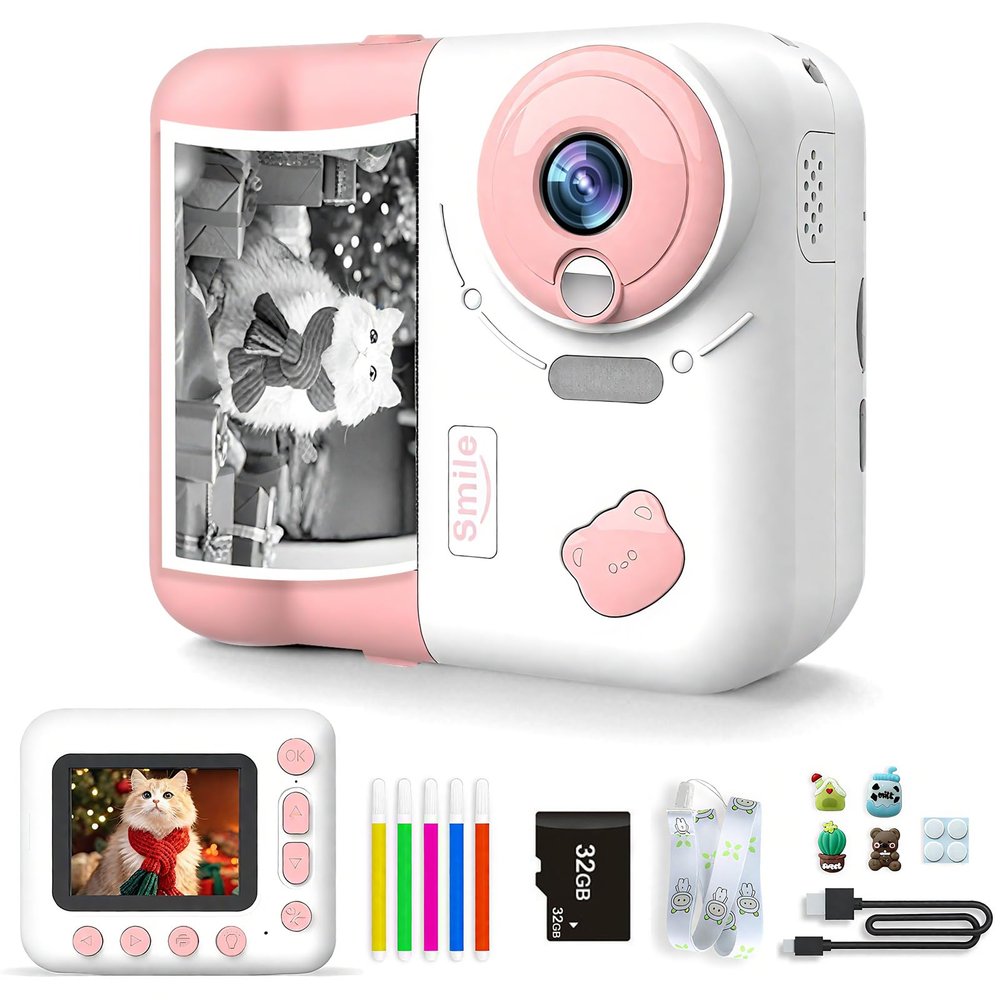 Kids Camera Instant Print, Christmas Birthday Gifts for Girls Boys 4 5 6 7 8 9 10 12 Years Old, 1080P HD Video & Instant Camera with Color Pens for DIY, Digital Camara with Print Paper & 32G Card