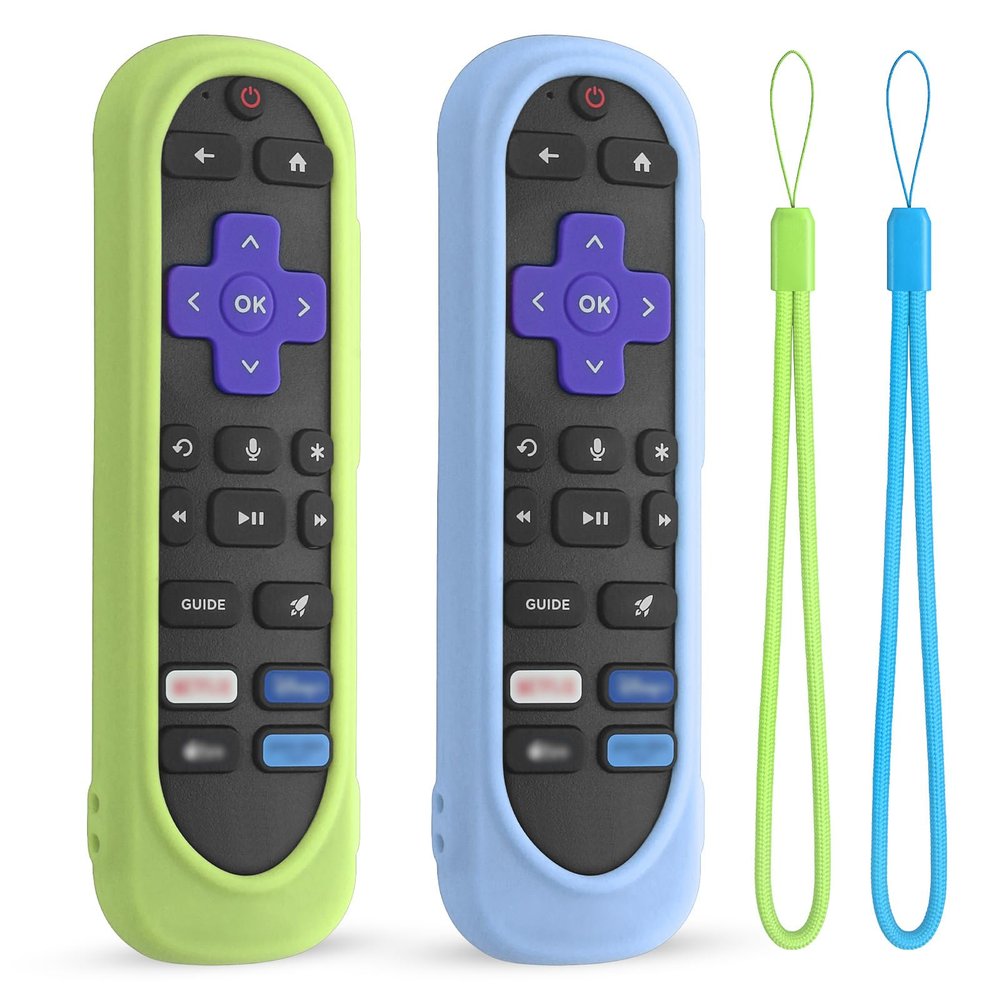 2 Pack Silicone Case Cover for TCL/Hisense/Roku Streaming TV Stick Remote - Shockproof Washable Remote Cover Anti-Slip Sleeve with Lanyard (Luminous Green+Glow Blue)