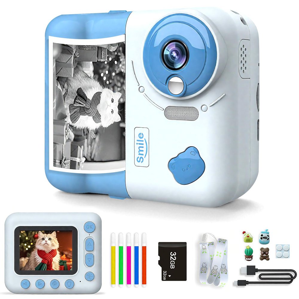 Instant Print Camera for Kids, Christmas Birthday Gifts for Girls Boys 4 5 6 7 8 9 10 11 12 Years Old,1080P HD Digital Camera with Color Pens/3 Rolls Print Paper/32G Card
