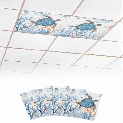 4 Pcs Fluorescent Light Covers for Ceiling Lights Sea Turtle Coral Jellyfish 4 x 2 Feet Decorative Magnetic Light Filters for Classroom, Offices, Hospitals, and Home Drop Ceiling Supplies, Ocean Blue