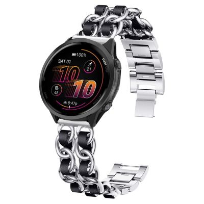Compatible with Garmin Forerunner 570 bands, 20mm, 22mm Quick Release Jewelry Chain Metal Wristband with Leather Compatible with Garmin Forerunner 570 42mm, 47mm, Forerunner 55, 165, 245, 255, 265, 645 (Silver, 22mm size band)