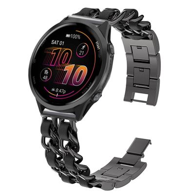 Compatible with Garmin Forerunner 570 bands, 20mm, 22mm Quick Release Jewelry Chain Metal Wristband with Leather Compatible with Garmin Forerunner 570 42mm, 47mm, Forerunner 55, 165, 245, 255, 265, 645 (Black, 22mm size band)