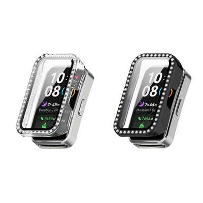 2 Pack Bling Case Compatible with Huawei Band 8 with Tempered Glass Screen Protector, Hard Bumper Shockproof Anti-Scratch Full Protective Shiny Cover (Black/Clear)