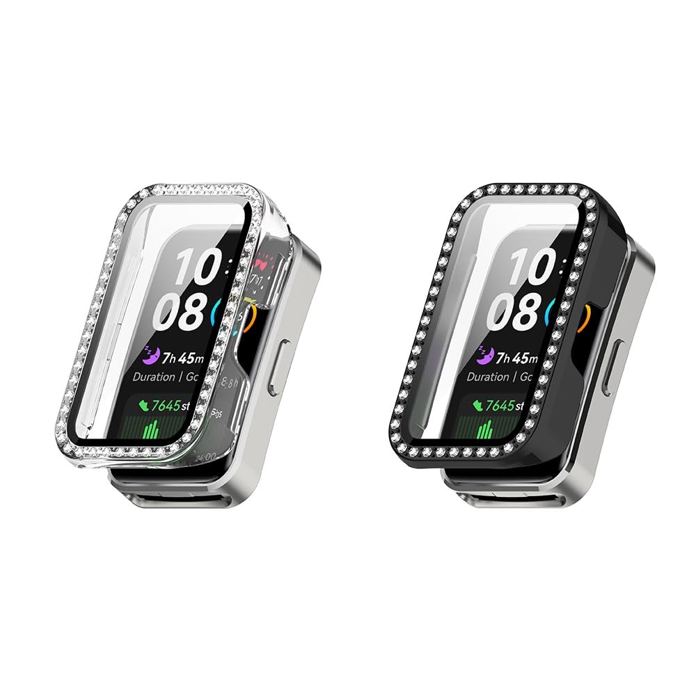 2 Pack Bling Case Compatible with Huawei Band 8 with Tempered Glass Screen Protector, Hard Bumper Shockproof Anti-Scratch Full Protective Shiny Cover (Black/Clear)