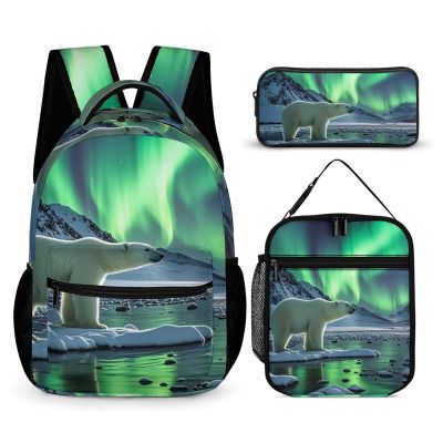 KLWQR Polar Bears Northern Lights Backpack for Women Men Lightweight Waterproof Backpack Set With Lunch Box Pencil Case Travel Laptop Backpack Casual Daypacks