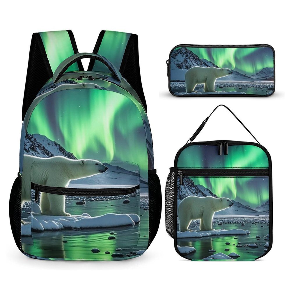 KLWQR Polar Bears Northern Lights Backpack for Women Men Lightweight Waterproof Backpack Set With Lunch Box Pencil Case Travel Laptop Backpack Casual Daypacks