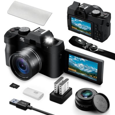 4K Digital Camera for Photography and Video Auto Focus 48MP with WiFi Auto-Focus Vlogging Camera for YouTube with Flip Screen 16X Zoom with Macro Lens, 2 Batteries & 32GB MicroSD Card, Card Reader