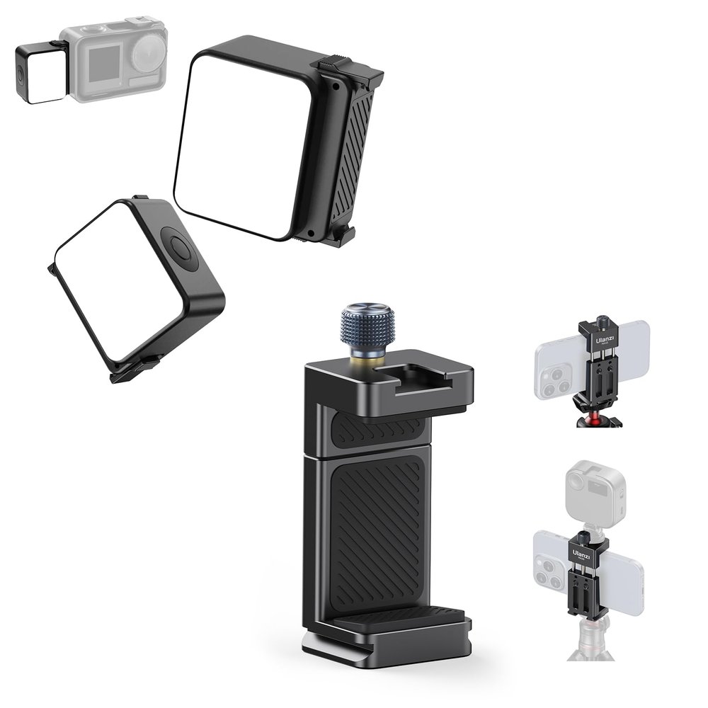 ULANZI LM18 Vlogging Light Mini LED Action Camera Video Light Photography for DJI Osmo 3/4/5, ULANZI MA33 Metal Phone Tripod Mount with Arca Port & 2 Cold Shoes for iPhone 15 pro/14/13/12/Samsung