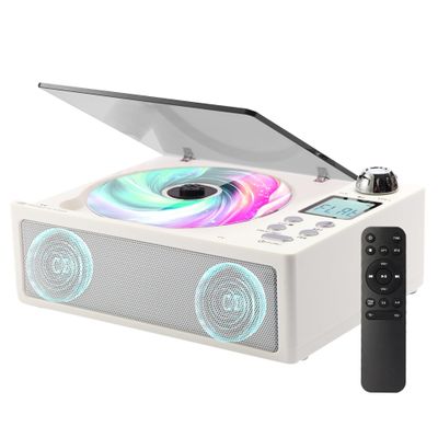 M-Amazup CD Player Portable, Desktop CD Players for Home with Cable and Adapter, Dual Speakers, Support Opt/USB/TF Card/AUX/FM with Remote Control, LCD Display, 3.5mm Headphone Jack, White