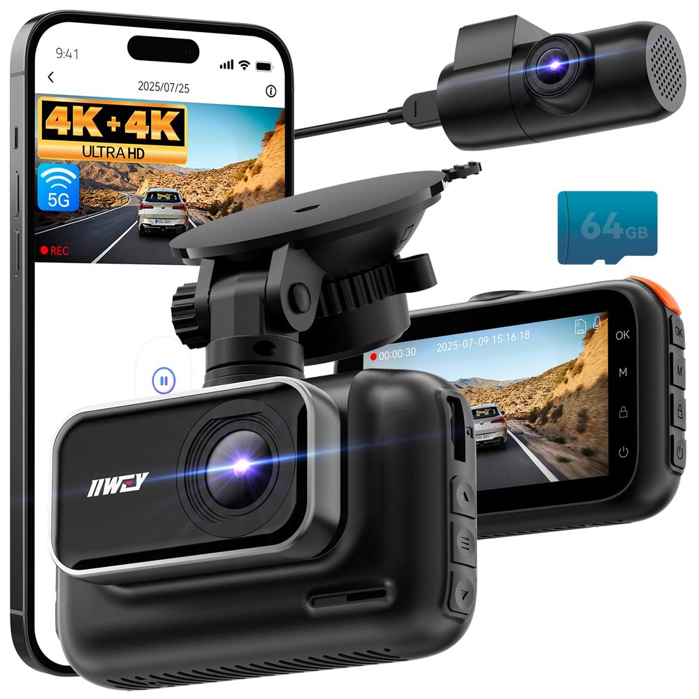 IIWEY 4K+4K Dash Cam Front and Rear, 5G Wi-Fi 64GB SD Card Included, STARVIS Dash Camera for Cars, 3 Inch IPS Screen, Dual Channel HDR Night Vision, 24H Parking Mode, 170 Widude Angle, G-Sensor