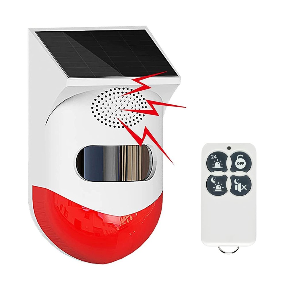 EverNary Solar Strobe Alarm Light with Motion Sensor Siren Outdoor Alarm Siren with Remote Controller 120db Sound Security Siren Light IP65 Waterproof and 4 Modes for Home,Farm,Barn,Villa,Yard