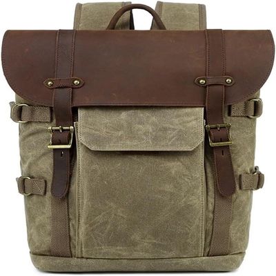 ONQendDv Backpack,Canvas with Crazy Horse Cowhide Multi-Function SLR Camera Bag Shoulder Camera Bag Outdoor Leisure Backpack(Khaki)