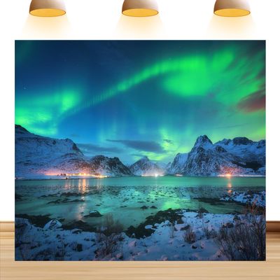 10X8ft Fabric Northern Lights Backdrop Ture North Aurora-Themed Background Above The Snow-Covered Mountain Oceans Colorful Back Drop Photo Booth Props