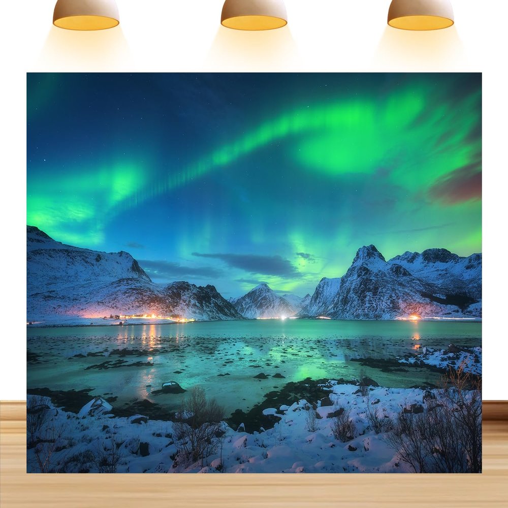 10X8ft Fabric Northern Lights Backdrop Ture North Aurora-Themed Background Above The Snow-Covered Mountain Oceans Colorful Back Drop Photo Booth Props