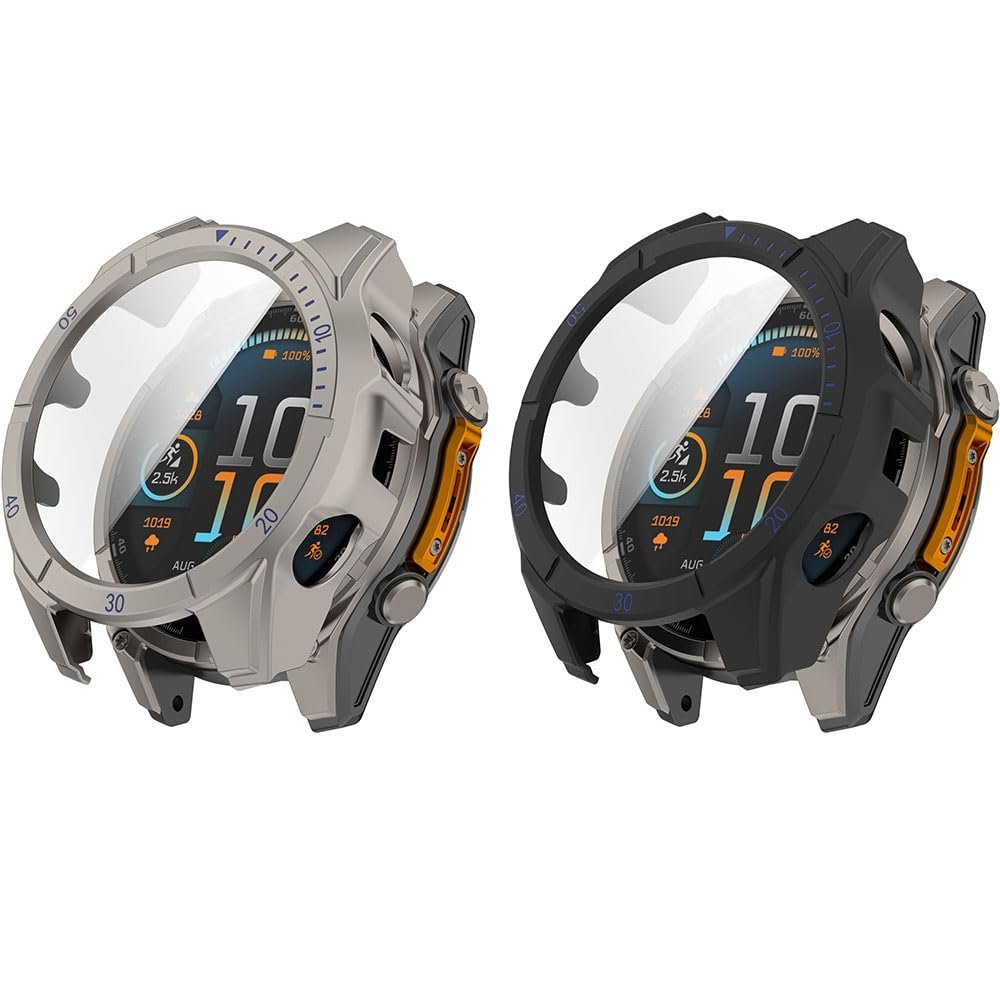 2 Pack Hard Case for Garmin Tactix 8 AMOLED 47mm 51mm with Screen Protector, Hard PC Protective Case Shockproof Anti-Scratch Bumper Cover (Black&blue/Dark Gray, Garmin Tactix 8 AMOLED 51mm)