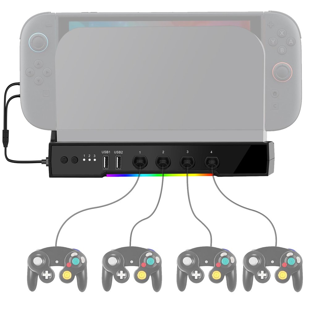 Cooling Fan Dock Station Compatible with Nintendo Switch 2, Adapter Compatible with Gamecube Controller, Dual-Fan Cooling System with 2 USB Ports for Charging Data