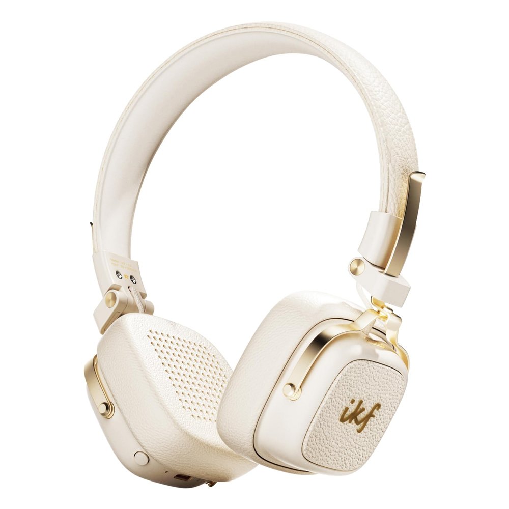 iKF E2 Bluetooth On-Ear Headphones, Wireless Foldable Headset with 90H Playtime, 40mm Drivers, Deep Bass, 3D Spatial Sound, Built-in Mic (Offwhite)