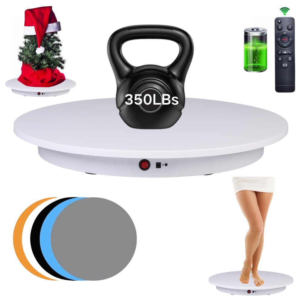 JAYEGT Motorized Rotating Display Stand350Lbs Load 360 Degree Electric Rotating Turntable for Photography Products DisplayLive Show,Remote Control +5 Colors Backgrounds (White/23.6Inch /Rechargeable)