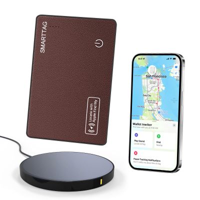 SMARTLB Wallet Tracker Card Like Apple Air Tag Work with Apple Findmy(iOS only), Thin Wallet Finder with Wireless Charger(Not Include Charger), air Tags Card Tracker (Brown, Card)