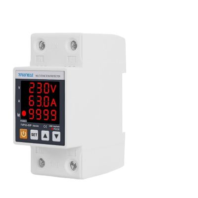 63A 230V Display Din Rail Adjustable Over Under Voltage Surge Protector Relay Over Current Protect Kwh Power watt Meter