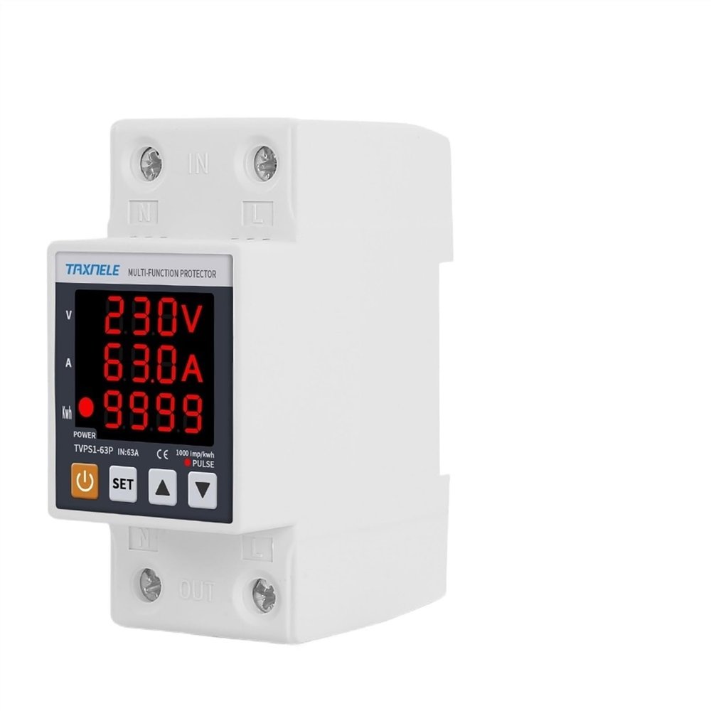 63A 230V Display Din Rail Adjustable Over Under Voltage Surge Protector Relay Over Current Protect Kwh Power watt Meter