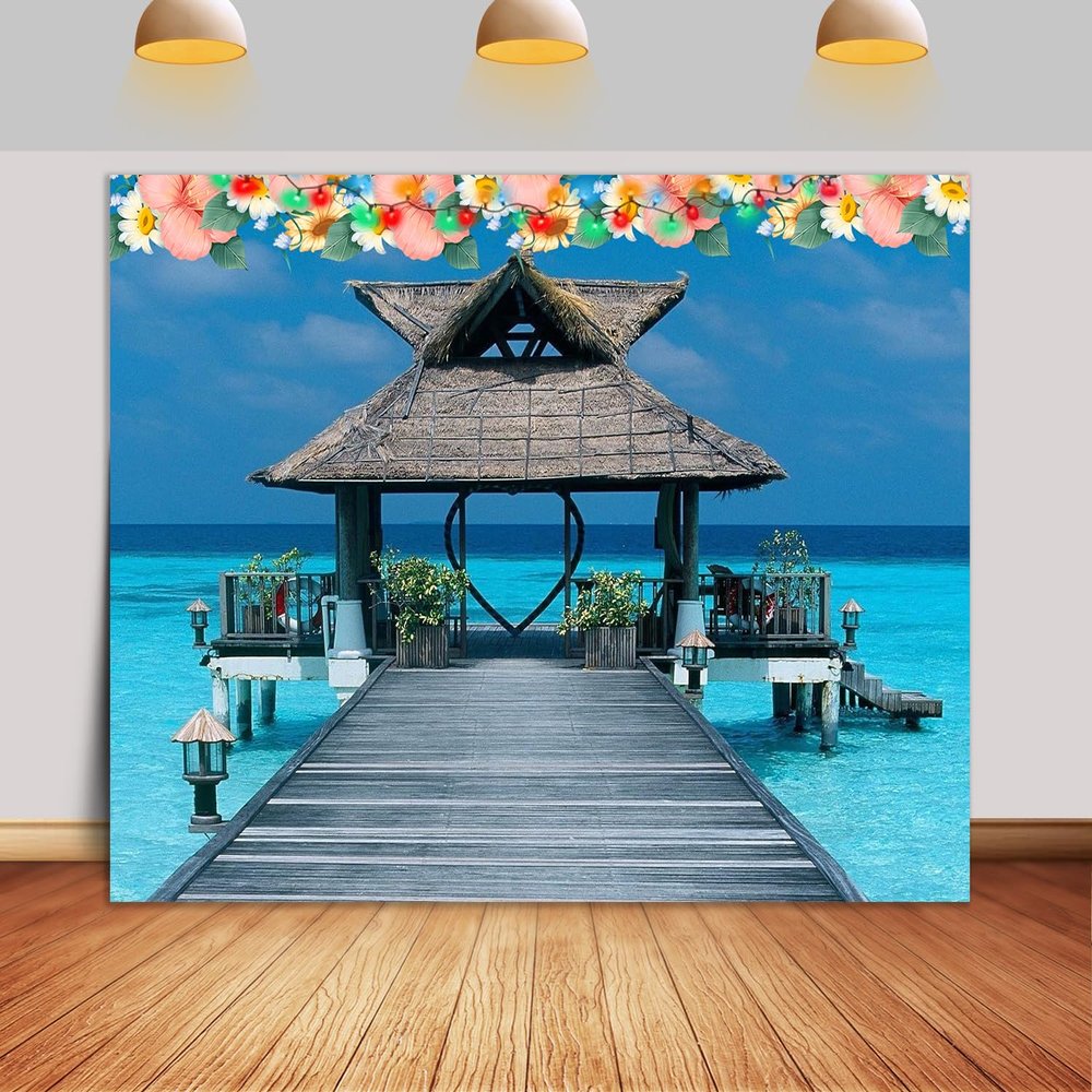 10X8ft Beach Backdrop Summer Indonesia Boardwalk Seaside Veranda Bridge Pavilion for Photography Vacation Background Party Supplies Studio Props