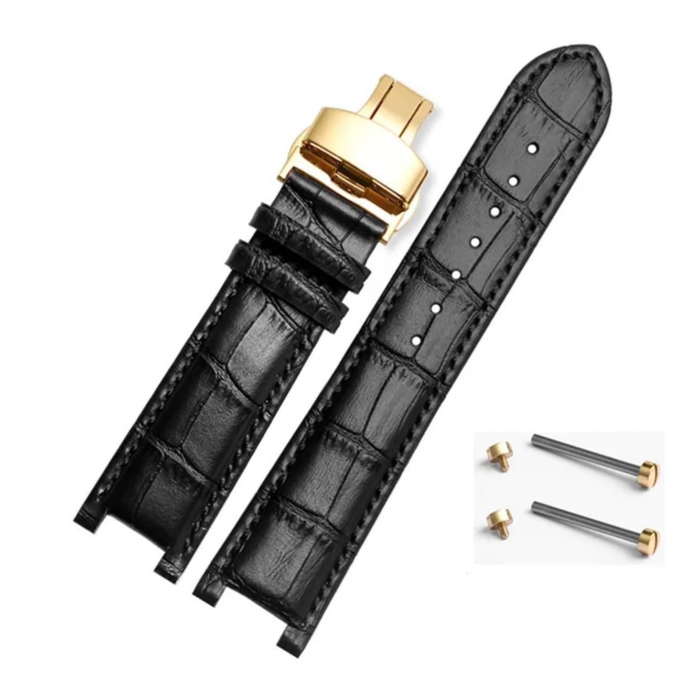 HMFang Notched Leather Watch Strap 20 * 11mm 22 * 13mm Compatible With GC Guess Passa Genuine Lleathe Waterproof Watch Chain Men Women(Black-gold,22x13mm)