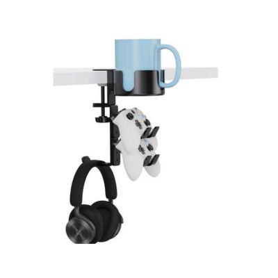 Desktop Gaming Accessories Stand, 3-in-1 Holder for Cup, Headphone and Controller, 20 lb Capacity (Black)