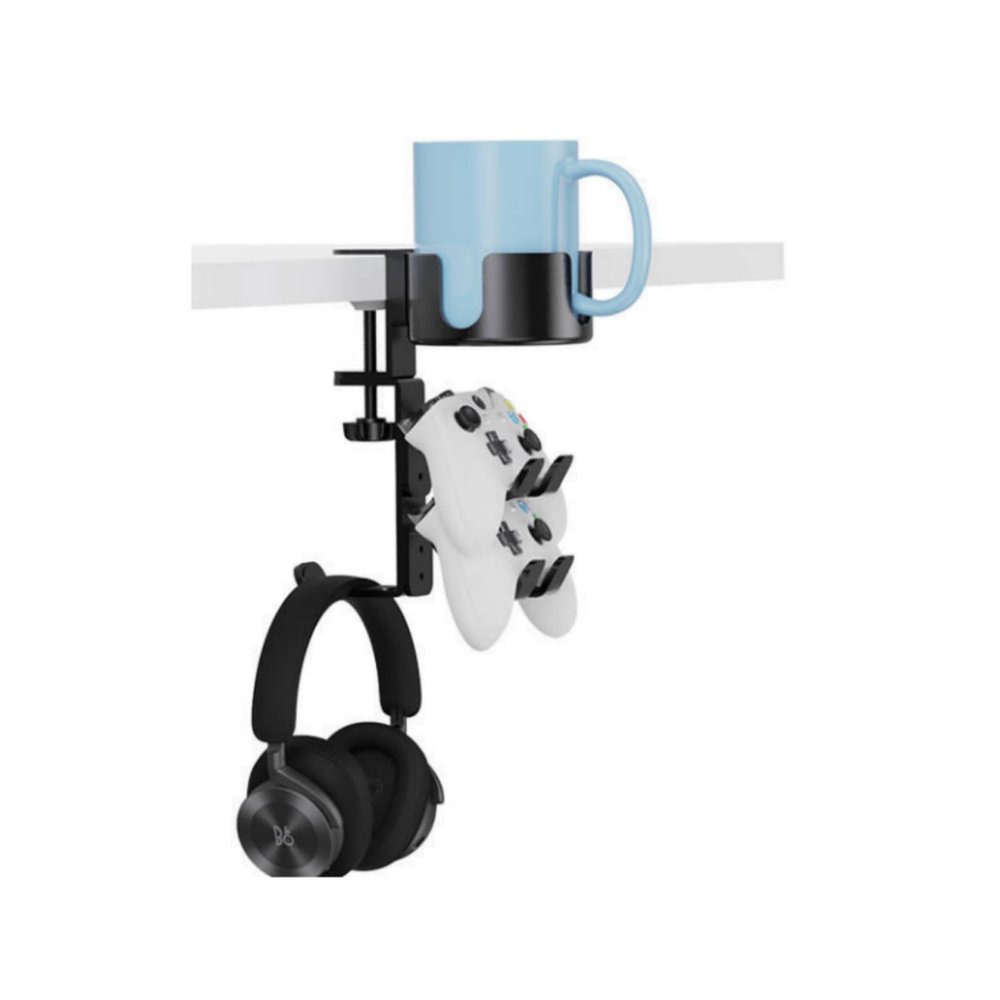 Desktop Gaming Accessories Stand, 3-in-1 Holder for Cup, Headphone and Controller, 20 lb Capacity (Black)