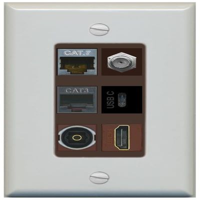 RiteAV Cat7 Coax HDMI Phone Toslink USB-C Wall Plate - 1 Gang Decorative [Gray/Brown]