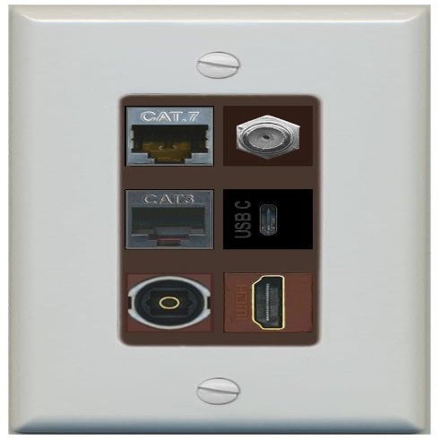 RiteAV Cat7 Coax HDMI Phone Toslink USB-C Wall Plate - 1 Gang Decorative [Gray/Brown]