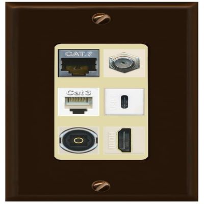 RiteAV Cat7 Coax HDMI Phone Toslink USB-C Wall Plate - 1 Gang Decorative [Brown/Ivory]