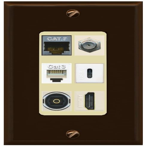 RiteAV Cat7 Coax HDMI Phone Toslink USB-C Wall Plate - 1 Gang Decorative [Brown/Ivory]